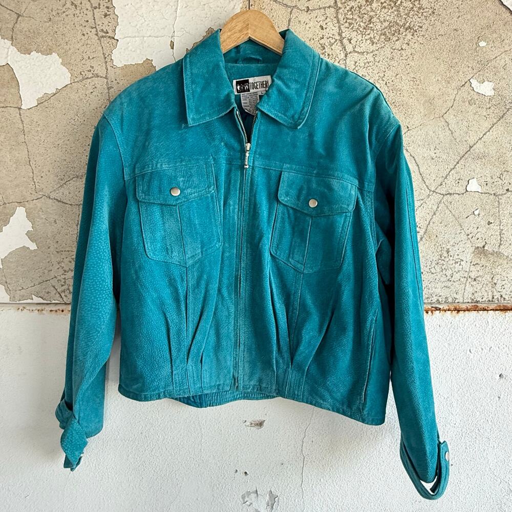 Vintage Suede Trucker Jacket Womens L Turquoise Teal 90s Leather Bomber Western